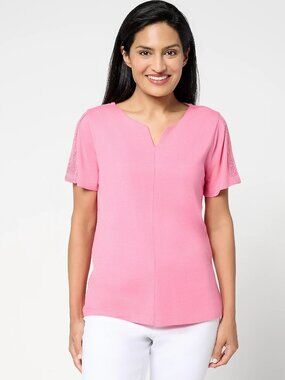BEAUTIFUL by Lawrence Zarian Short Slv Knit Top w/Lace Detail, Rose Sz M a693059